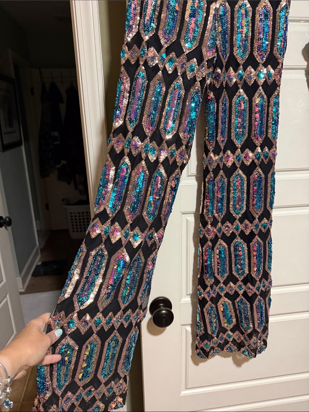Fashion Nova fairytale Black Sequin Wide-Leg pant set with Teal & Pink Accents - Picture 5 of 7